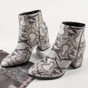 White Pointy Toe Block Heel Snakeskin Ankle Boots